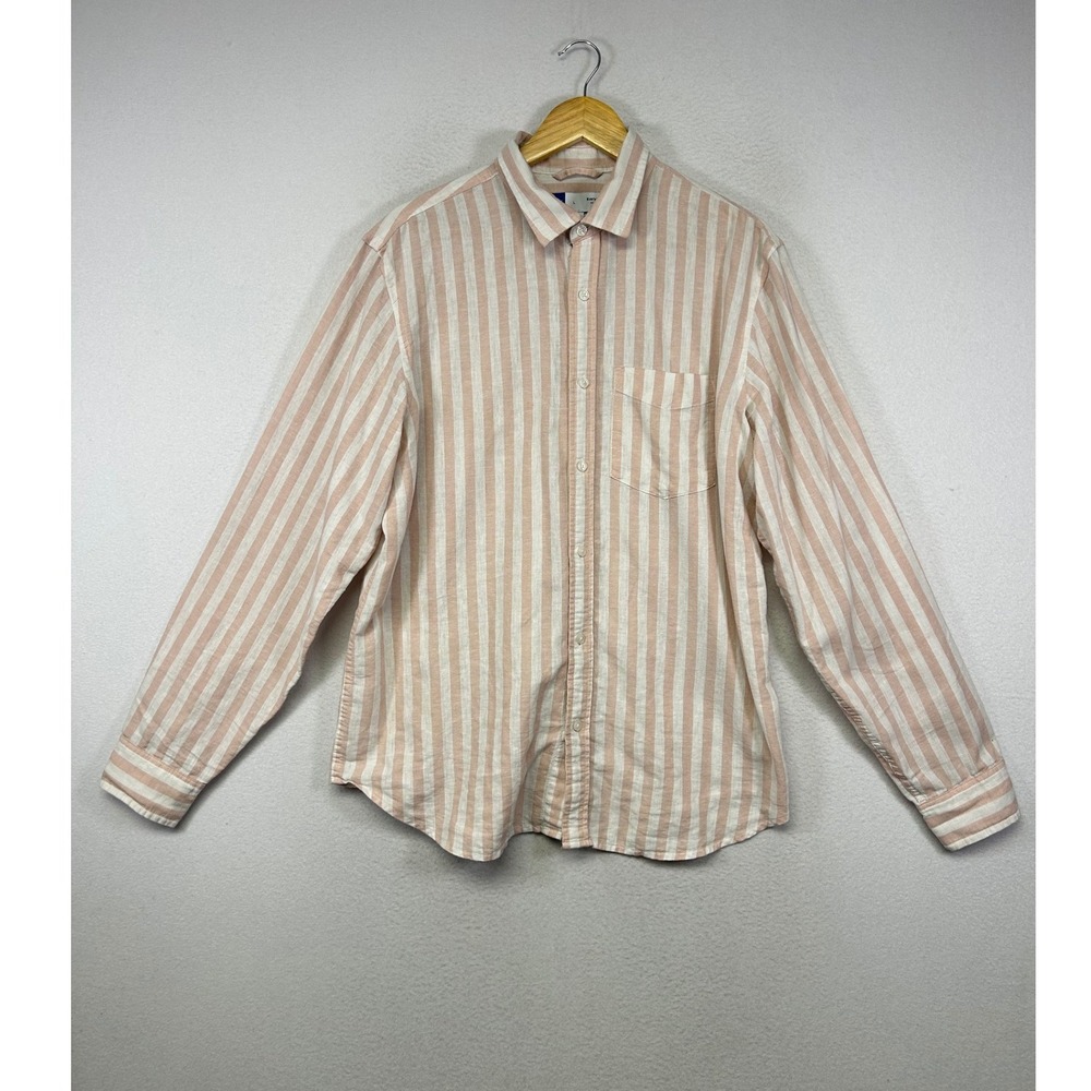 Coastal Summer Old Navy Mens L Peach White Striped Linen Blend Everyday Shirt